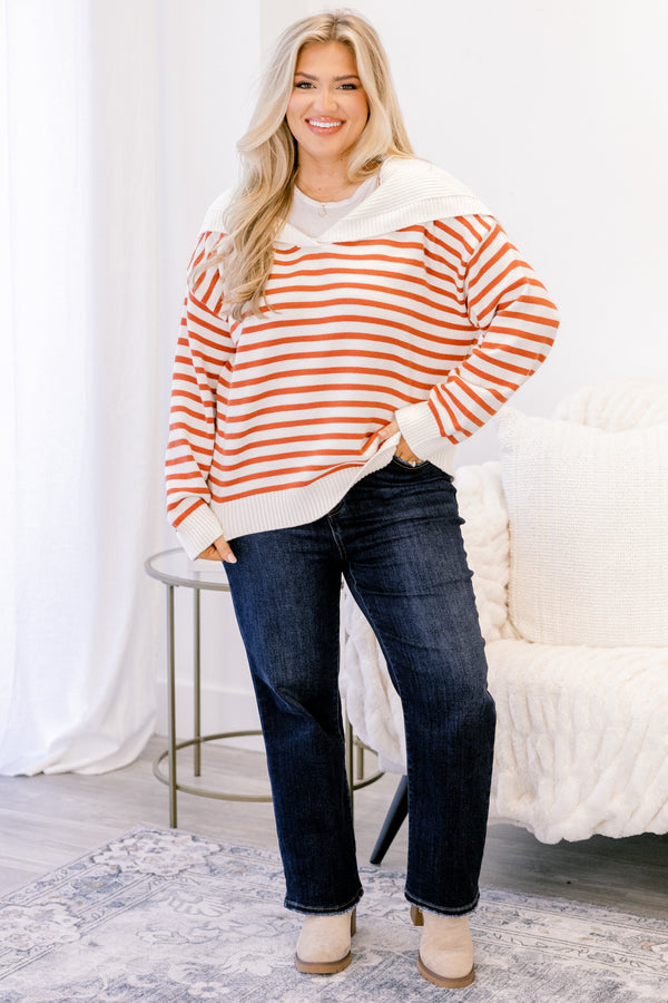 Chic Soul plus size clothing, rust and cream horizontal stripe v neck long sleeve sweater