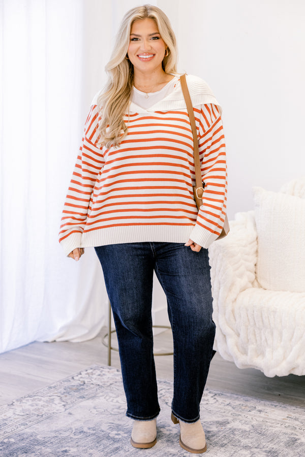 Chic Soul plus size clothing, rust and cream horizontal stripe v neck long sleeve sweater