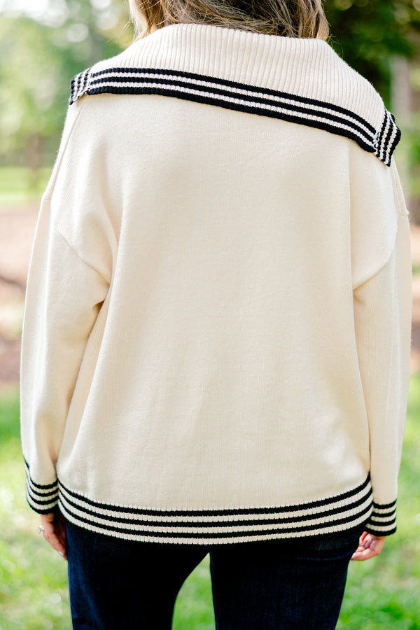 Chic Soul plus size clothing, off-white long sleeve hooded sweater with thin black stripes lining the hem, neckline, and sleeve
