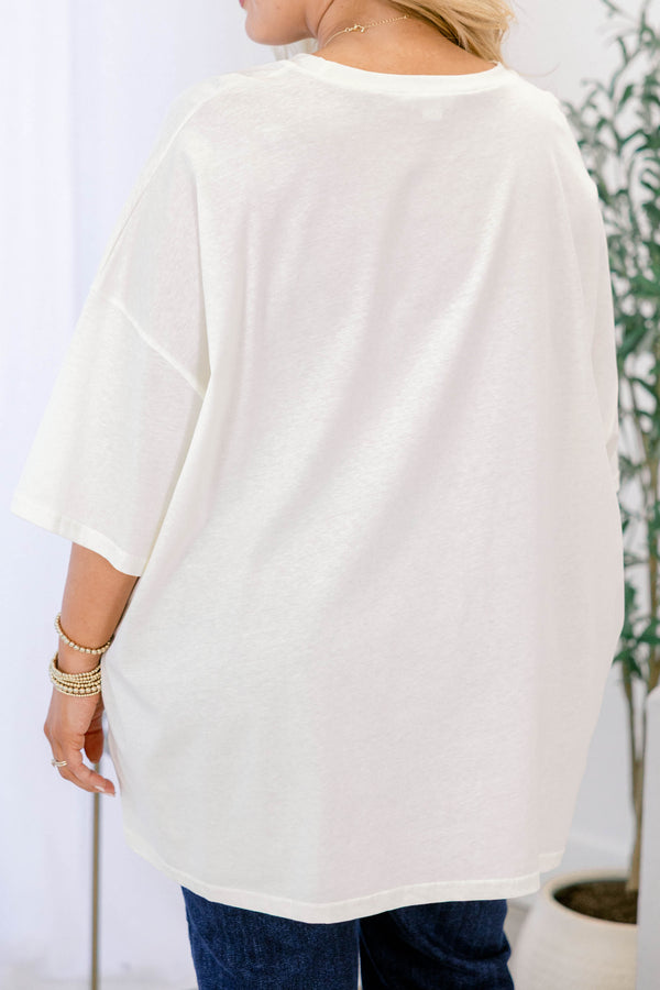 Chic Soul plus size clothing, ivory white short sleeve boyfriend tee with 