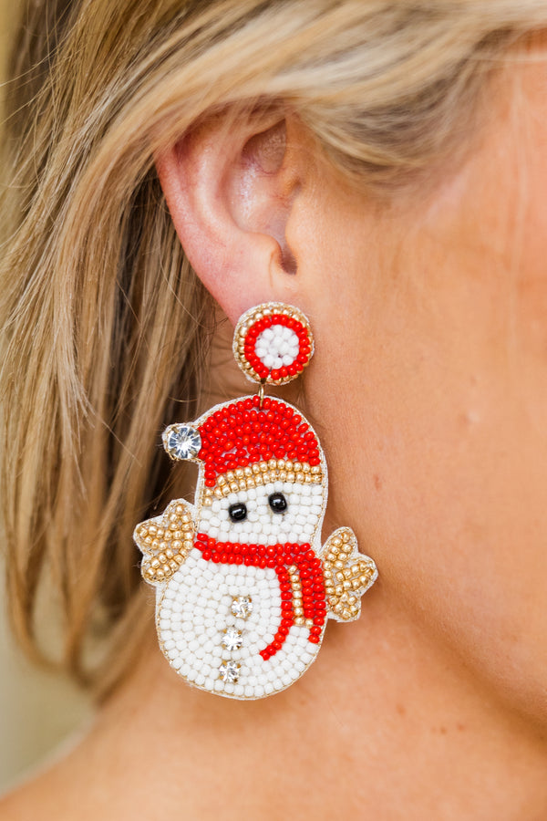 Chic Soul plus size clothing, white snowman dangle beaded earrings with red and gold detail