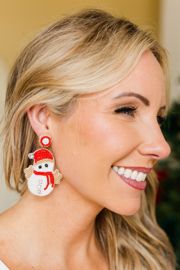 Chic Soul plus size clothing, white snowman dangle beaded earrings with red and gold detail