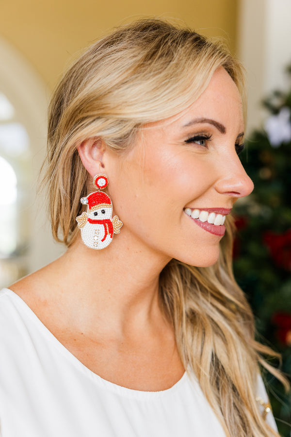 Chic Soul plus size clothing, white snowman dangle beaded earrings with red and gold detail