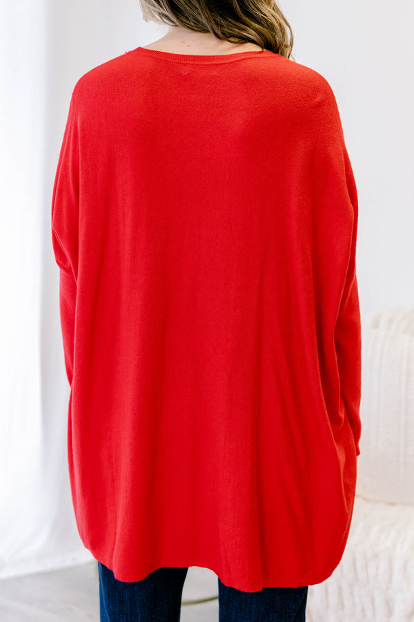 Chic Soul plus size clothing, red knitted long sleeves tunic with front pockets