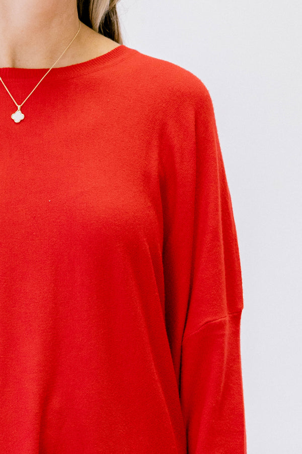 Chic Soul plus size clothing, red knitted long sleeves tunic with front pockets