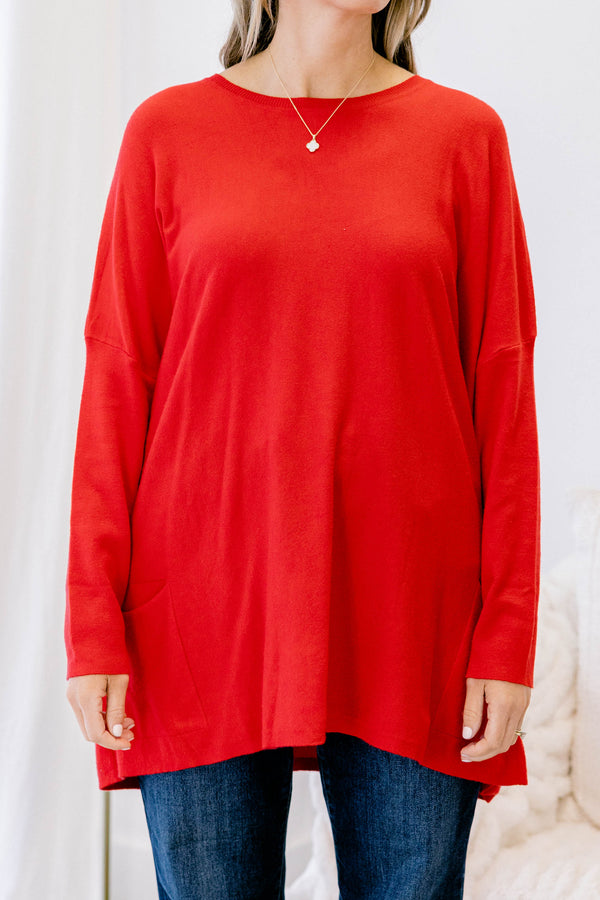 Chic Soul plus size clothing, red knitted long sleeves tunic with front pockets