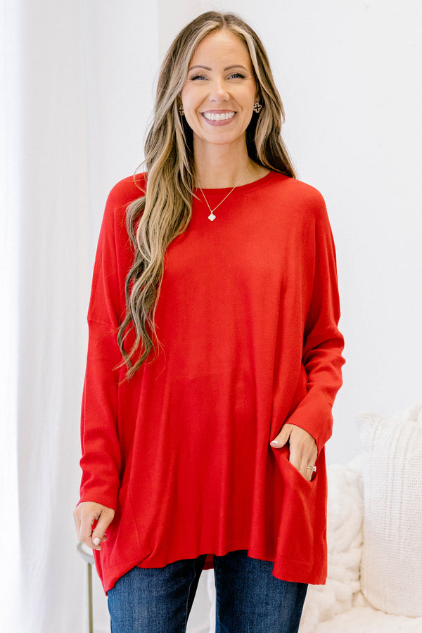 Chic Soul plus size clothing, red knitted long sleeves tunic with front pockets