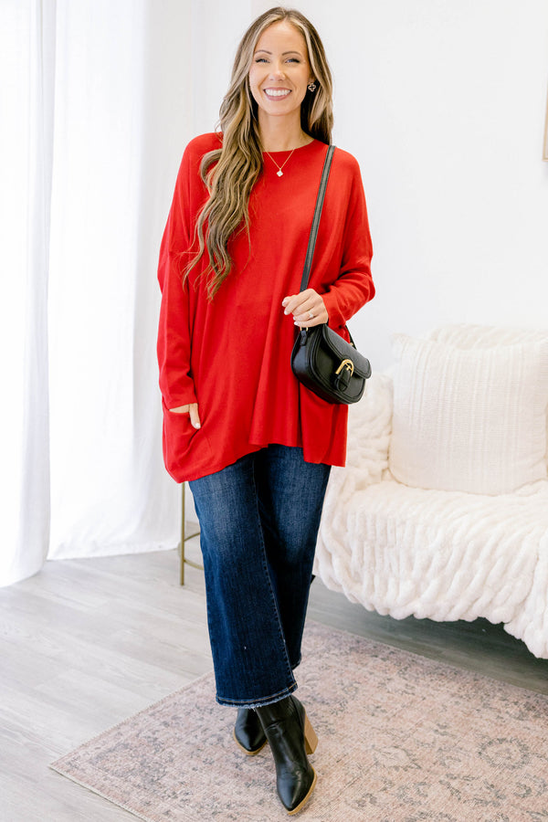 Chic Soul plus size clothing, red knitted long sleeves tunic with front pockets
