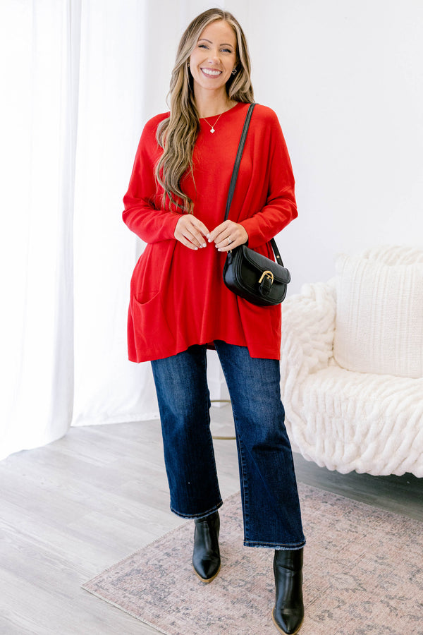 Chic Soul plus size clothing, red knitted long sleeves tunic with front pockets