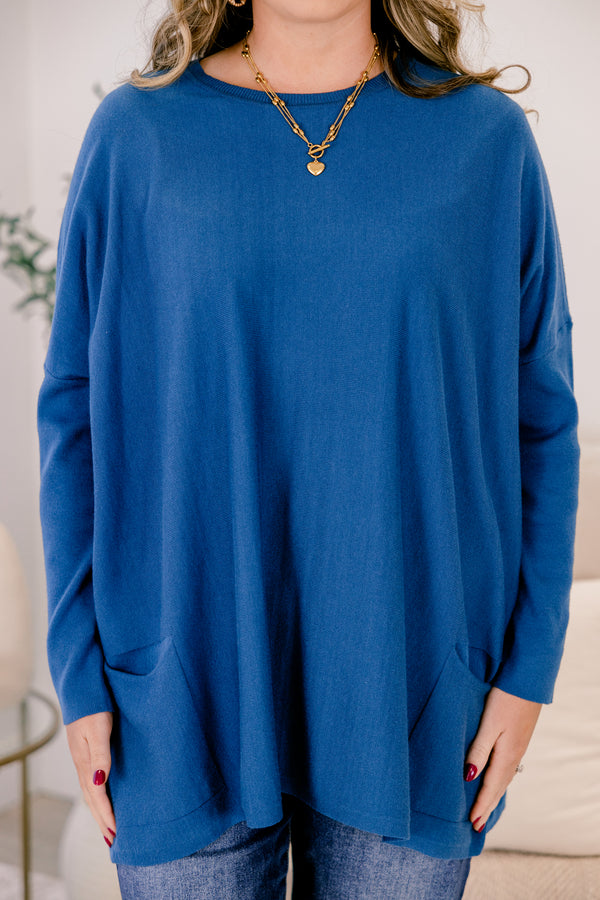 Chic Soul plus size clothing, dusty blue long sleeve tunic with two front pockets at the bottom of the top