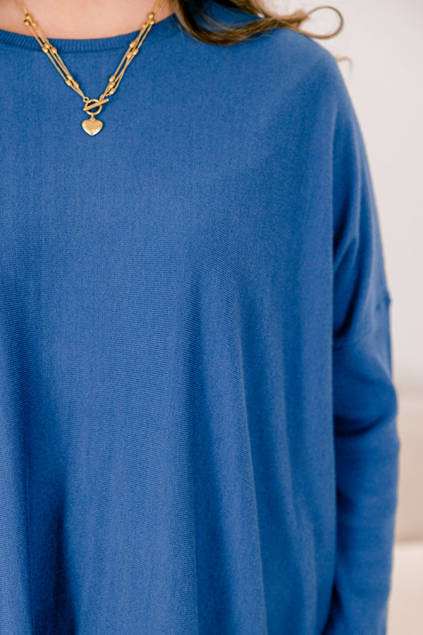 Chic Soul plus size clothing, dusty blue long sleeve tunic with two front pockets at the bottom of the top