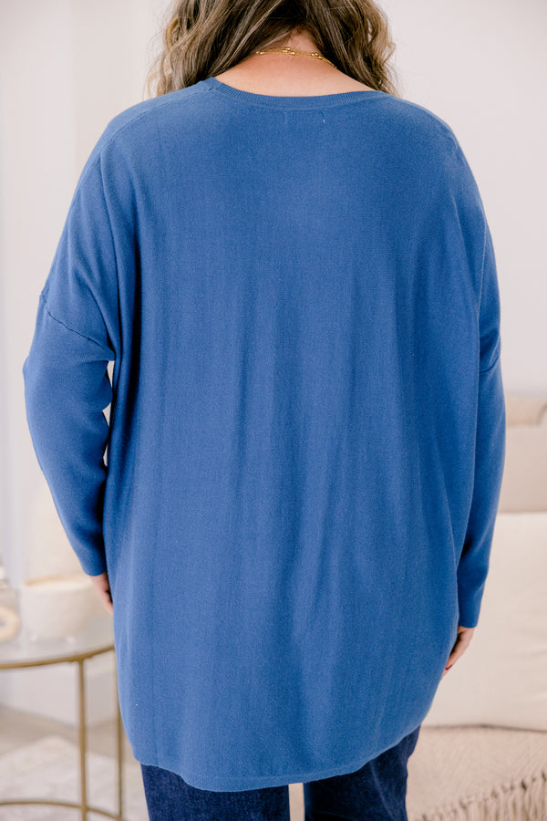 Chic Soul plus size clothing, dusty blue long sleeve tunic with two front pockets at the bottom of the top