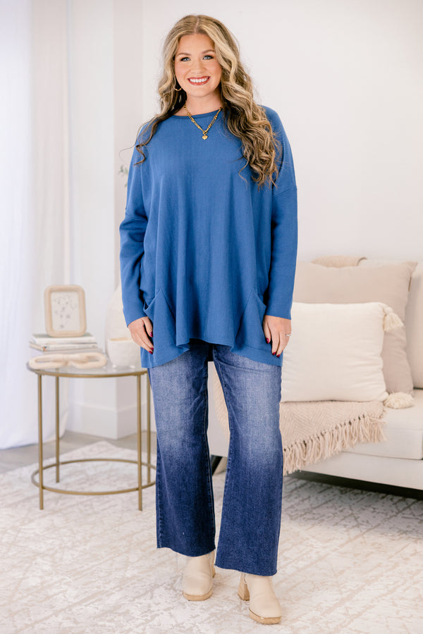 Chic Soul plus size clothing, dusty blue long sleeve tunic with two front pockets at the bottom of the top