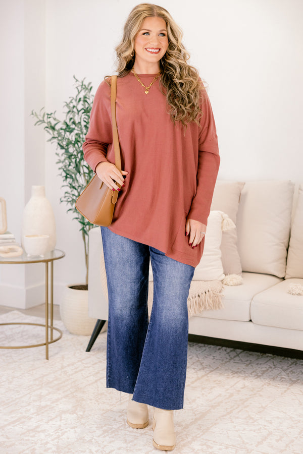 Chic Soul plus size clothing, dusty rose long sleeve tunic with two front pockets at the bottom