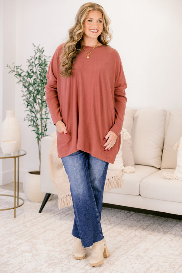 Chic Soul plus size clothing, dusty rose long sleeve tunic with two front pockets at the bottom