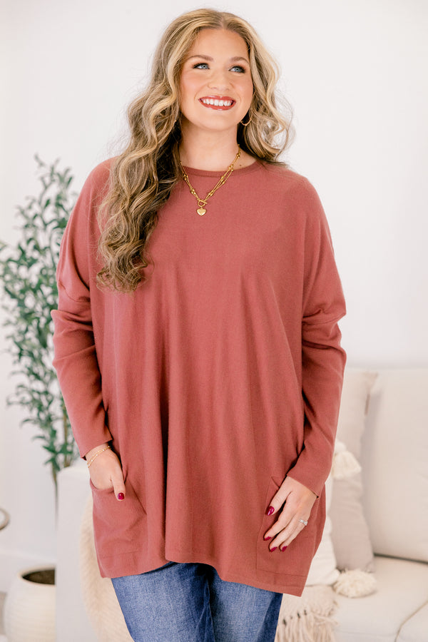 Chic Soul plus size clothing, dusty rose long sleeve tunic with two front pockets at the bottom