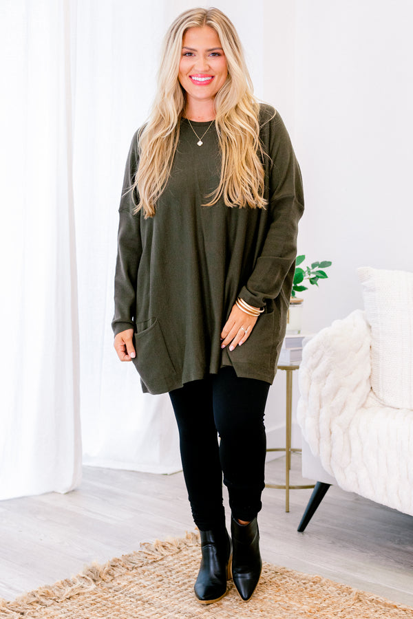 Chic Soul plus size clothing, long sleeve olive tunic with front pockets