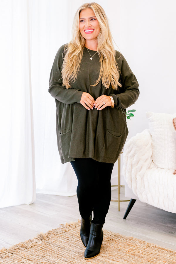 Chic Soul plus size clothing, long sleeve olive tunic with front pockets