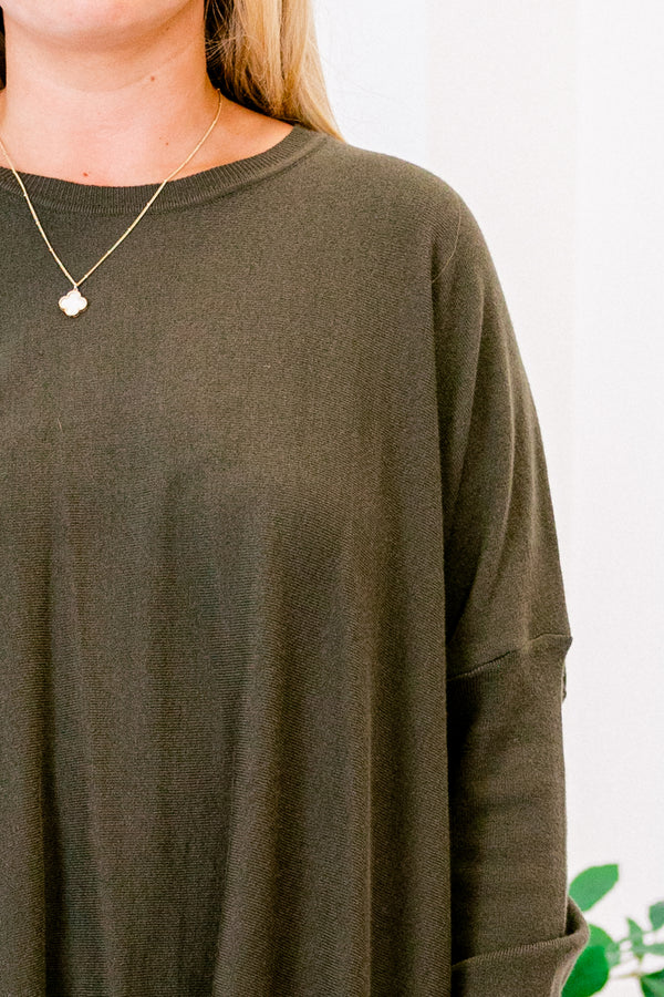 Chic Soul plus size clothing, long sleeve olive tunic with front pockets