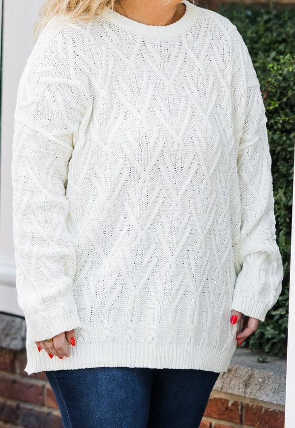 Chic Soul plus size clothing, long-sleeve beige white knit sweater with scoop-neckline 