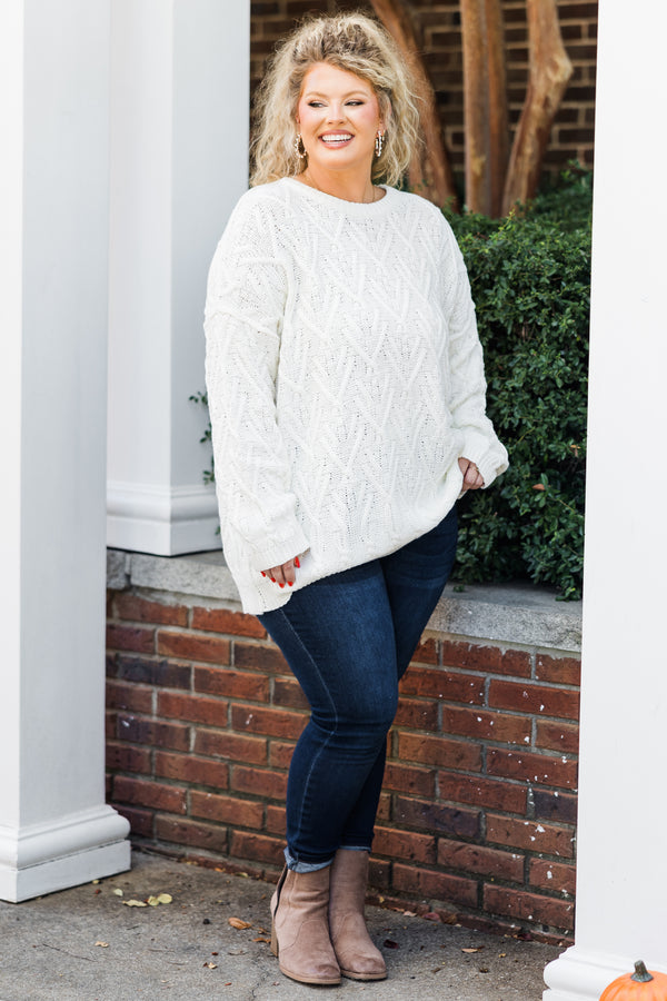 Chic Soul plus size clothing, long-sleeve beige white knit sweater with scoop-neckline 