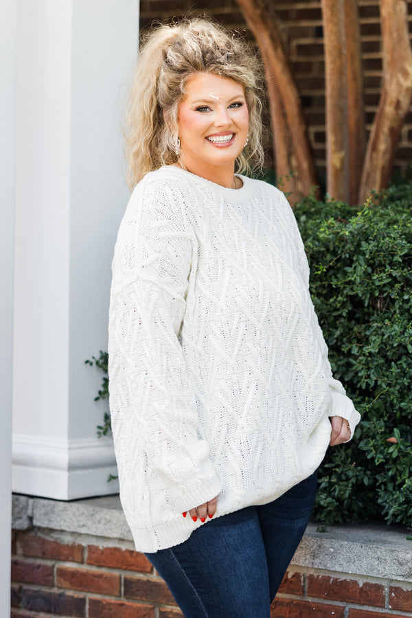 Chic Soul plus size clothing, long-sleeve beige white knit sweater with scoop-neckline 