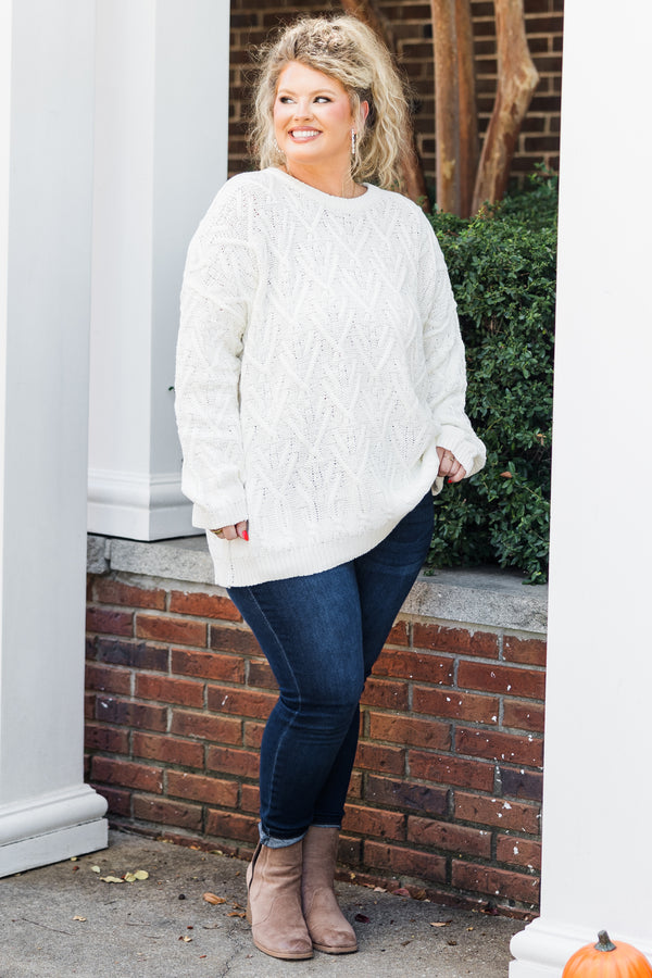 Chic Soul plus size clothing, long-sleeve beige white knit sweater with scoop-neckline 