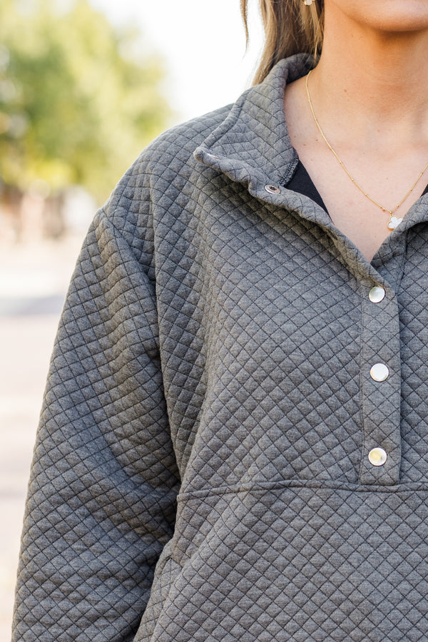 Chic Soul plus size clothing, long-sleeve charcoal gray quilted gold snap pullover with collar 