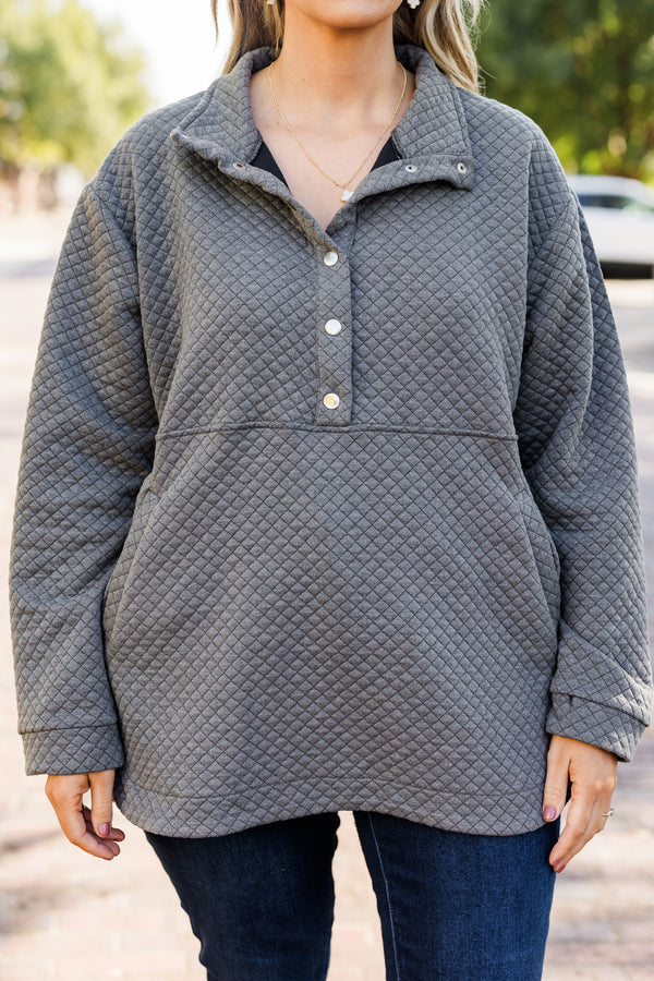 Chic Soul plus size clothing, long-sleeve charcoal gray quilted gold snap pullover with collar 
