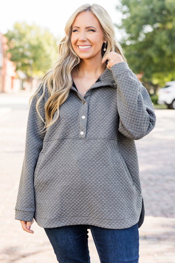 Chic Soul plus size clothing, long-sleeve charcoal gray quilted gold snap pullover with collar 