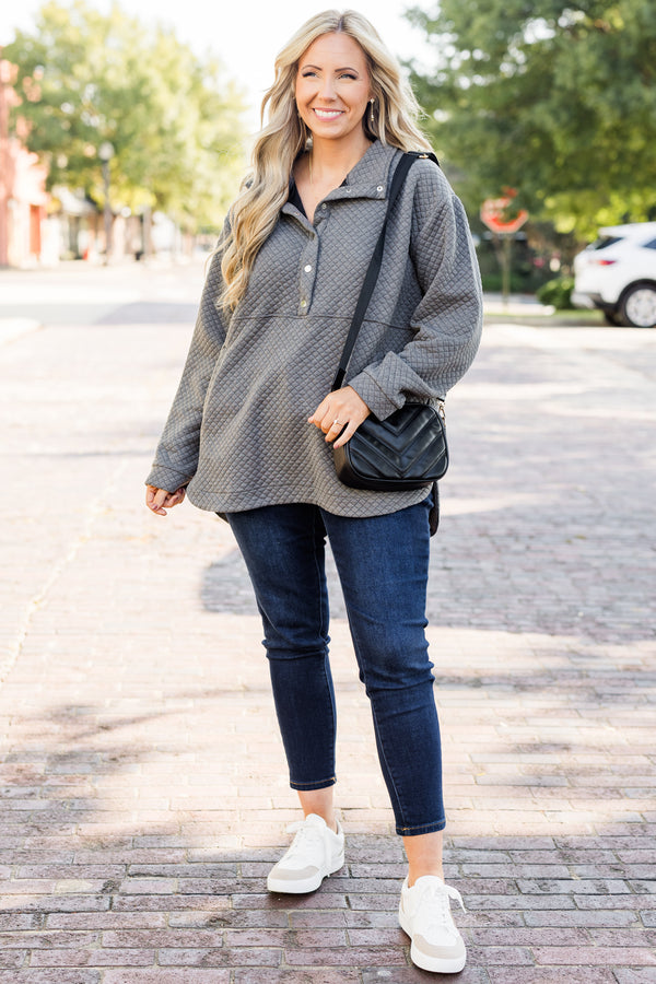 Chic Soul plus size clothing, long-sleeve charcoal gray quilted gold snap pullover with collar 