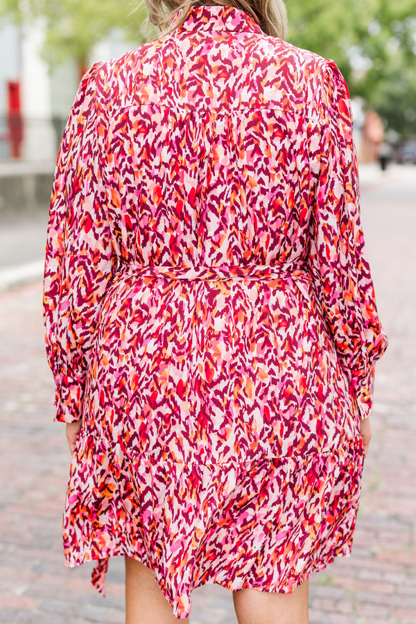 Chic Soul plus size clothing, long-sleeve pink collared dress with waist-tie and collar with abstract leopard pattern