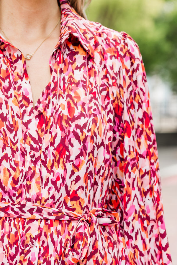 Chic Soul plus size clothing, long-sleeve pink collared dress with waist-tie and collar with abstract leopard pattern