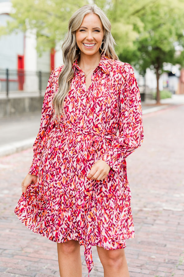 Chic Soul plus size clothing, long-sleeve pink collared dress with waist-tie and collar with abstract leopard pattern