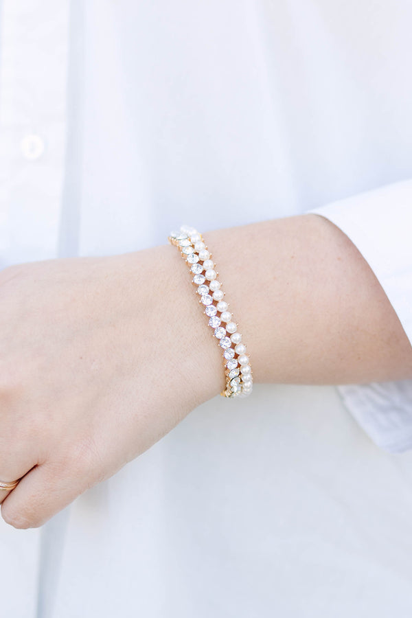 Plus Size gold bracelet featuring two rows of alternating white pearls and clear crystals.