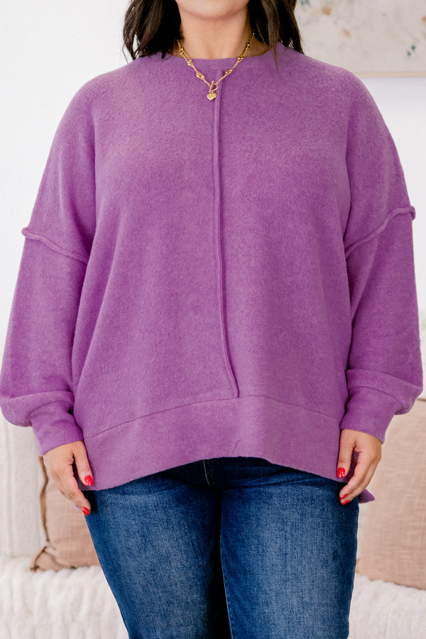 Chic Soul plus size clothing, light fuchsia long sleeve crewneck sweater with middle seam detail on front and back