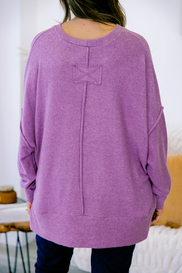 Chic Soul plus size clothing, light fuchsia long sleeve crewneck sweater with middle seam detail on front and back
