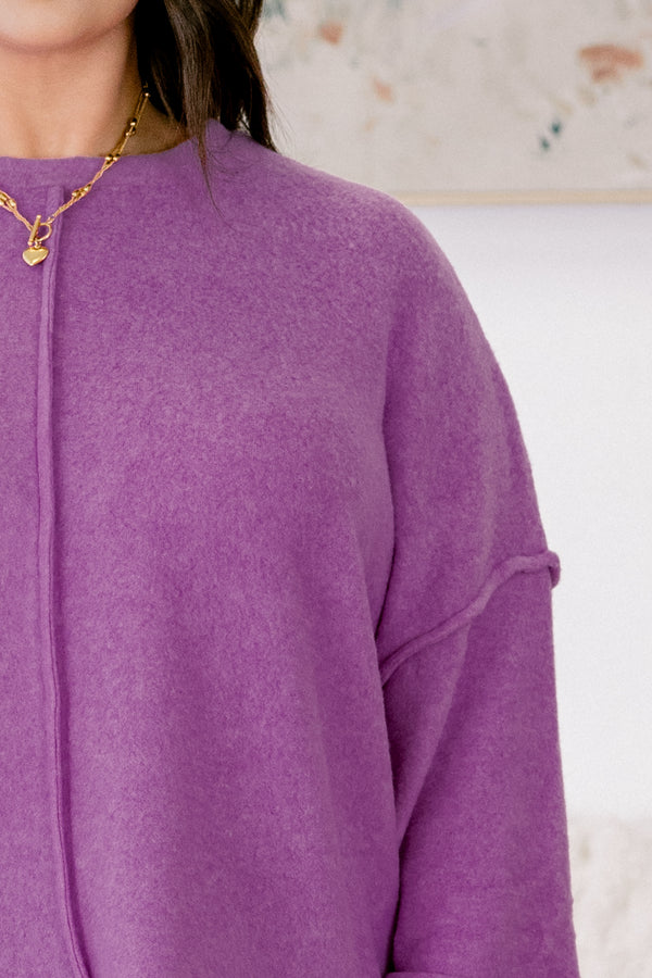 Chic Soul plus size clothing, light fuchsia long sleeve crewneck sweater with middle seam detail on front and back