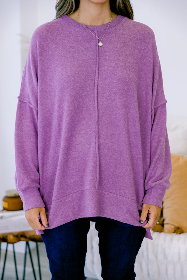 Chic Soul plus size clothing, light fuchsia long sleeve crewneck sweater with middle seam detail on front and back