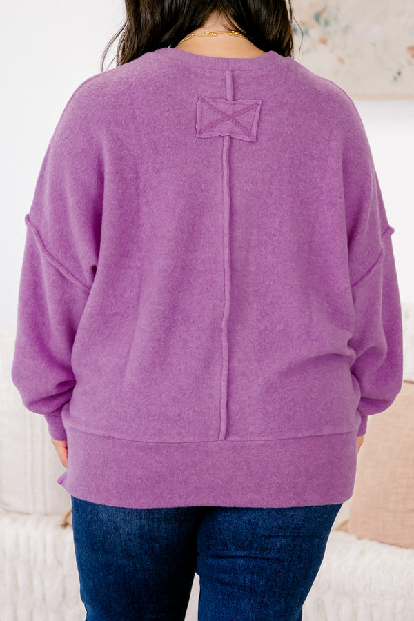 Chic Soul plus size clothing, light fuchsia long sleeve crewneck sweater with middle seam detail on front and back