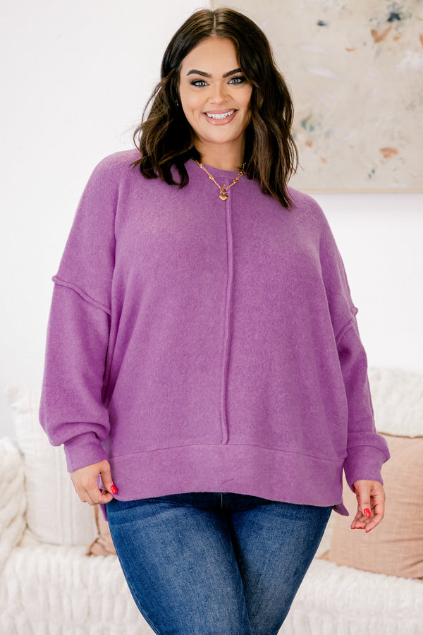 Chic Soul plus size clothing, light fuchsia long sleeve crewneck sweater with middle seam detail on front and back