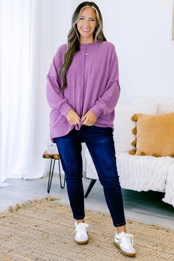 Chic Soul plus size clothing, light fuchsia long sleeve crewneck sweater with middle seam detail on front and back