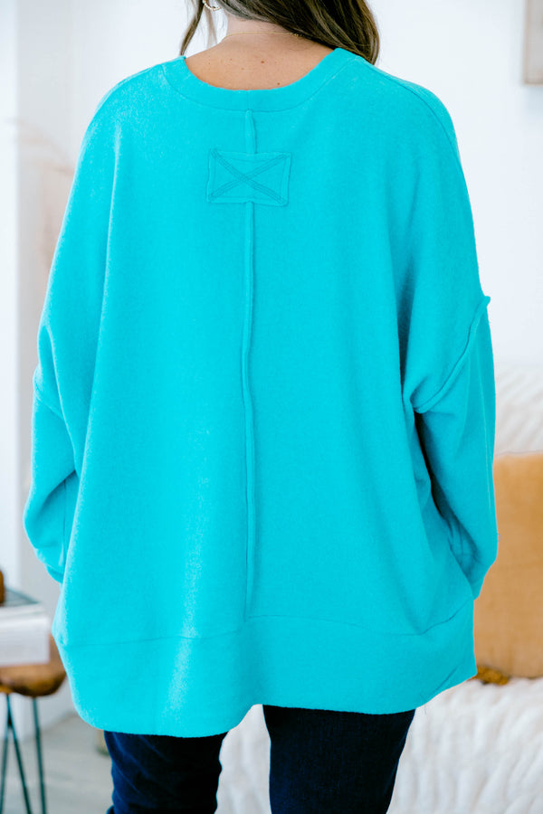 Chic Soul plus size clothing, teal long sleeve crewneck sweater with middle seams on front and back
