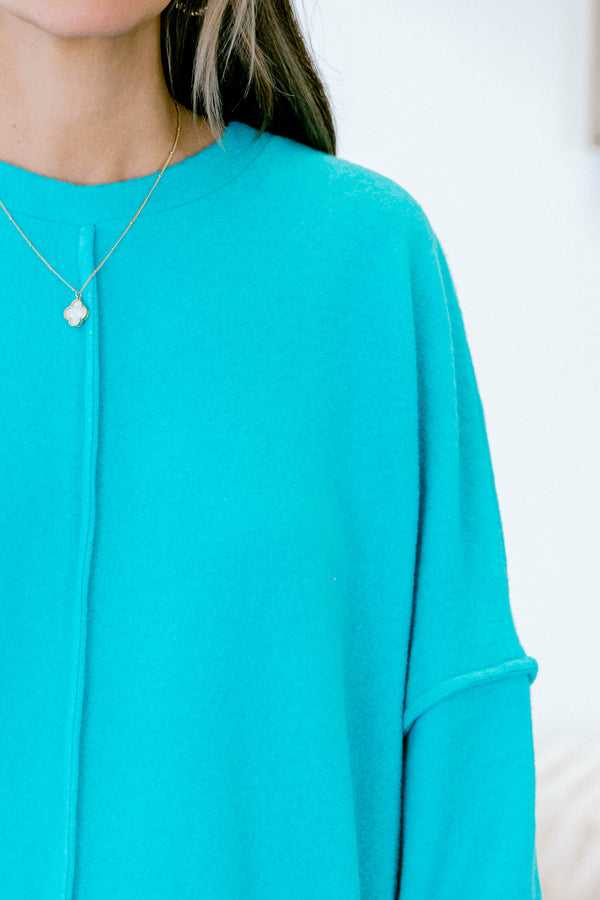 Chic Soul plus size clothing, teal long sleeve crewneck sweater with middle seams on front and back