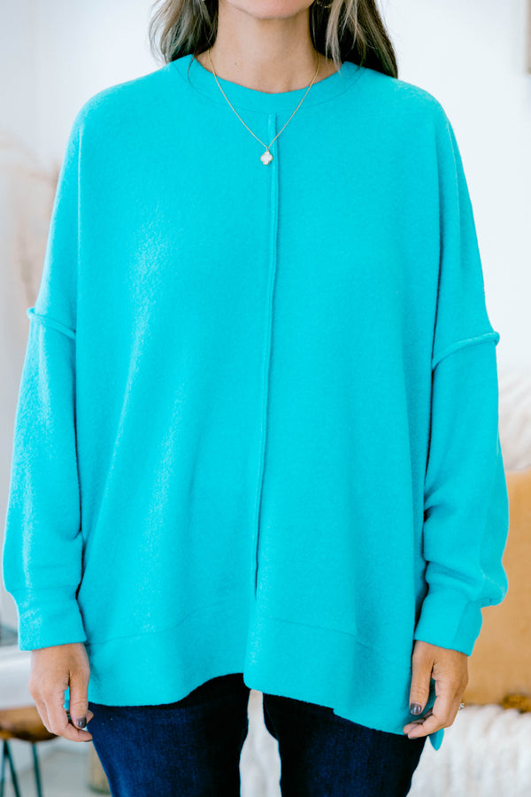 Chic Soul plus size clothing, teal long sleeve crewneck sweater with middle seams on front and back