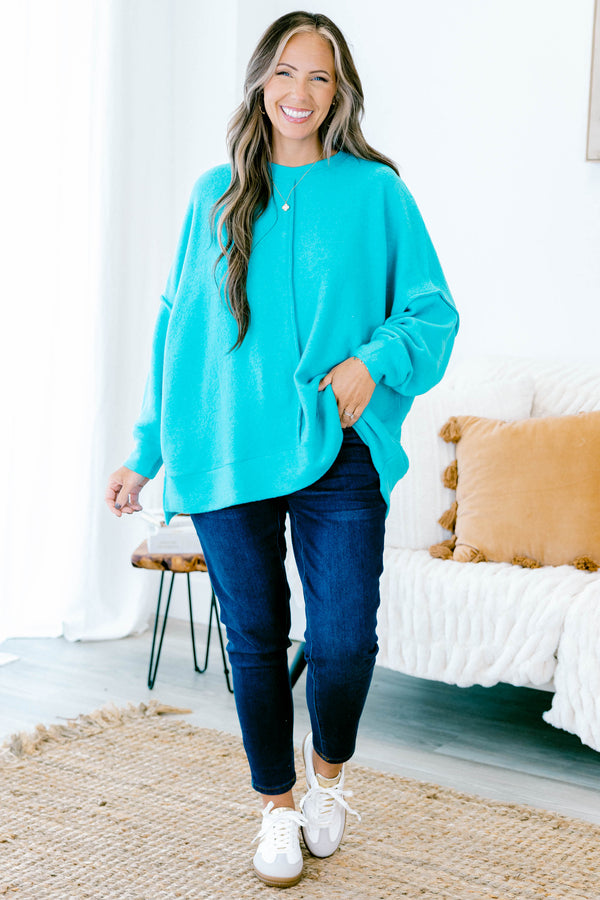 Chic Soul plus size clothing, teal long sleeve crewneck sweater with middle seams on front and back