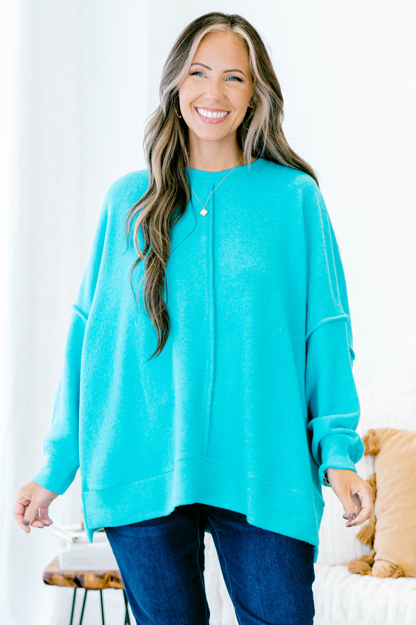 Chic Soul plus size clothing, teal long sleeve crewneck sweater with middle seams on front and back