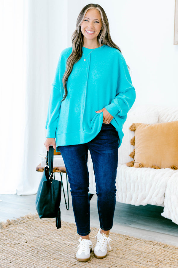 Chic Soul plus size clothing, teal long sleeve crewneck sweater with middle seams on front and back
