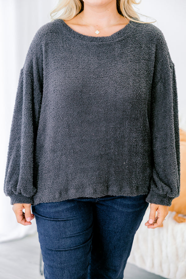 Chic Soul plus size clothing, charcoal gray long sleeve top with sinched sleeves at the wrist