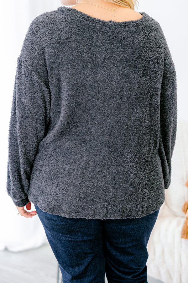 Chic Soul plus size clothing, charcoal gray long sleeve top with sinched sleeves at the wrist